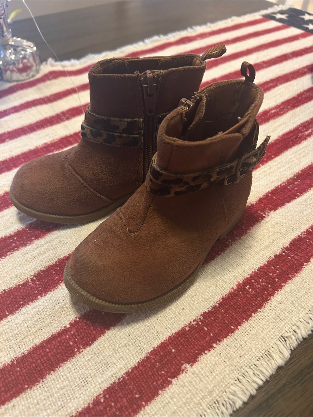 Girls Brown Faux Suede Ankle Boots with Leopard Accent Strap